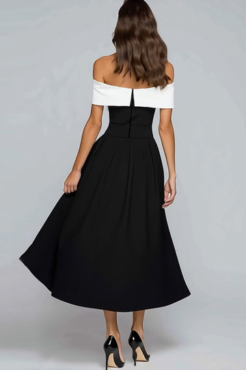 Off the Shoulder Black Midi Formal Dress With Bow